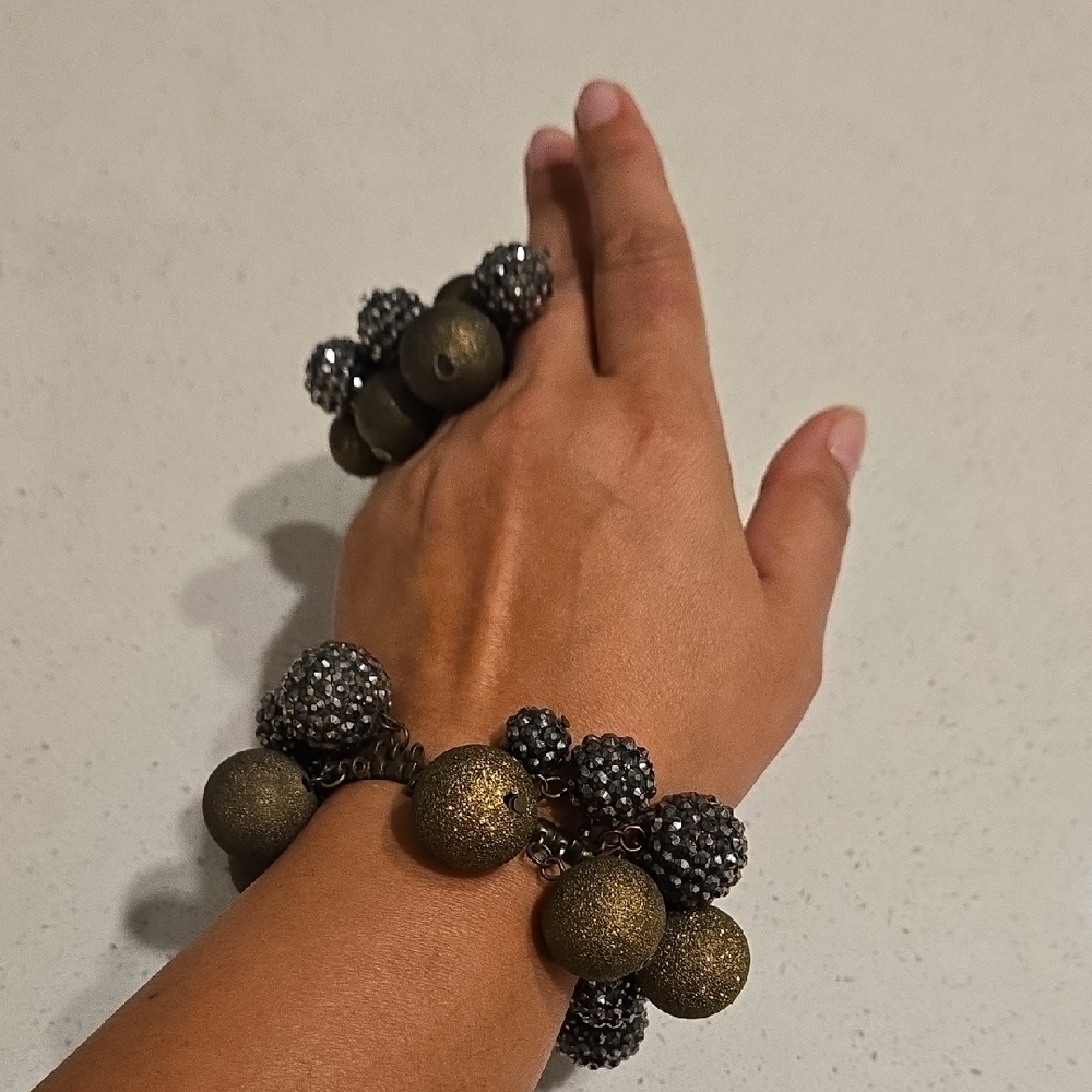 Gold and Gunmetal Beaded Charm Bracelet and Ring Set